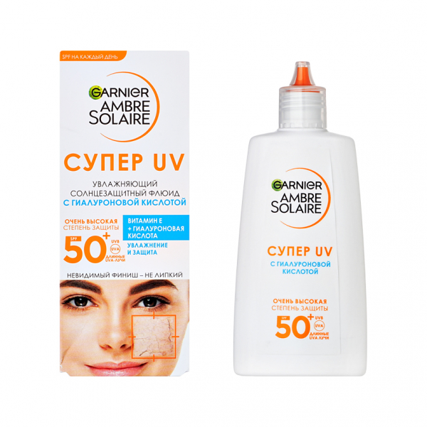 Флюид для лица `GARNIER` AMBRE SOLAIRE СУПЕР UV увлажняющий солнцезащитный с гиалуроновой кислотой SPF 50+ 40 мл